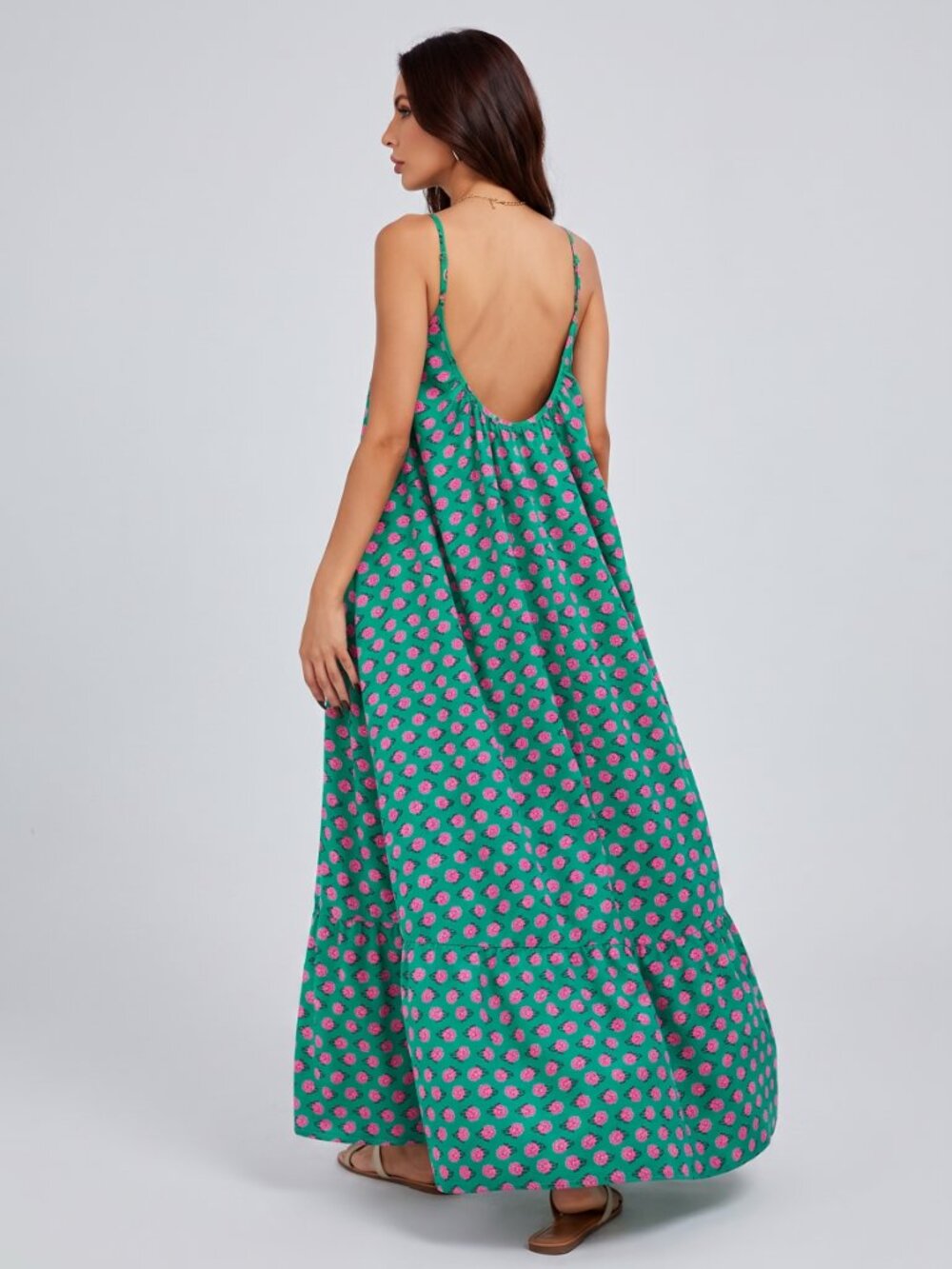 Women Green Pink Maxi Dress Spaghetti Strap Sleeveless Boho Beach Summer